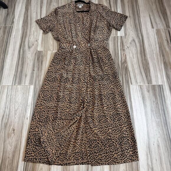 VTG 90s Silk Cheetah Dress 14 Short Sleeve Print Career Eclectic Artsy twee Midi - Picture 4 of 11